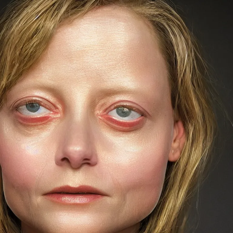 Image similar to beautiful close - up studio photograph of colorful postmodern portrait sculpture of jodie foster, beautiful symmetrical!! face accurate face detailed face realistic proportions, made of spray - painted beeswax on a pedestal by ron mueck and matthew barney and greg rutkowski, hyperrealism cinematic lighting shocking detail 8 k