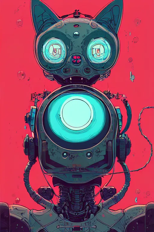 Prompt: a study of cell shaded portrait of a cat robot, llustration, post grunge, evil vibe, concept art by josan gonzales and wlop, by james jean, Victo ngai, David Rubín, Mike Mignola, Laurie Greasley, highly detailed, sharp focus, alien, Trending on Artstation, HQ, deviantart, art by artgem