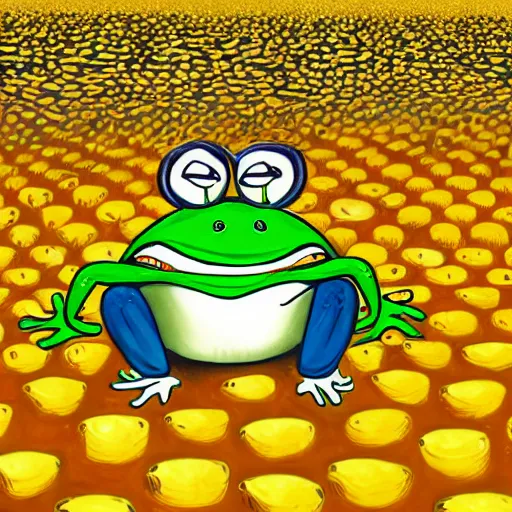 Image similar to anthropomorphic frog urinating into yellow ocean