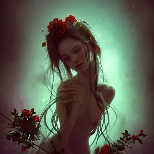 Image similar to Portrait of a dark fantasy nymph, flowers and plants surrounding, stunning, concept art, artstation, dramatic lighting, minimalism