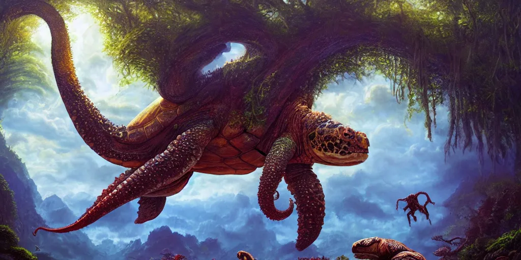 Image similar to fantasy oil painting, great leviathan, turtle cephalopod terrapin reptilian pachyderm amphibian hybrid, epic natural light, lush plants flowers, rainforest mountains, bright clouds, luminous sky, outer worlds, cinematic lighting, michael whelan, michael cheval, vray, 8 k hd