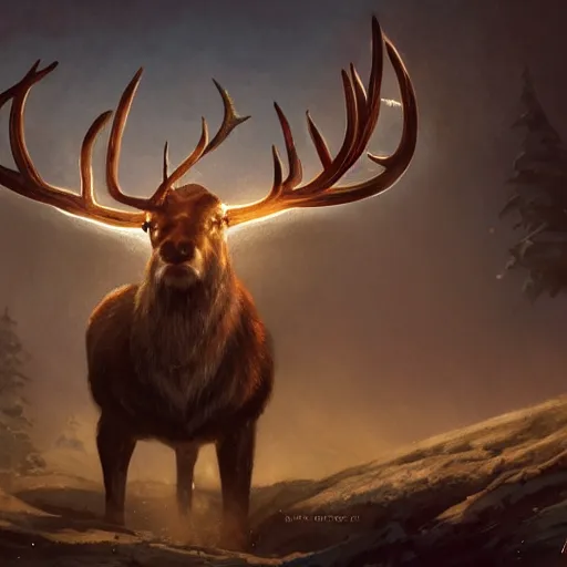 Image similar to Reindeer, Anthropomorphized, casting epic spell, magic the gathering artwork, D&D, fantasy, cinematic lighting, centered, symmetrical, highly detailed, digital painting, artstation, concept art, smooth, sharp focus, illustration, volumetric lighting, epic Composition, 8k, art by Akihiko Yoshida and Greg Rutkowski and Craig Mullins, heroic pose, oil painting, cgsociety, magic lab background