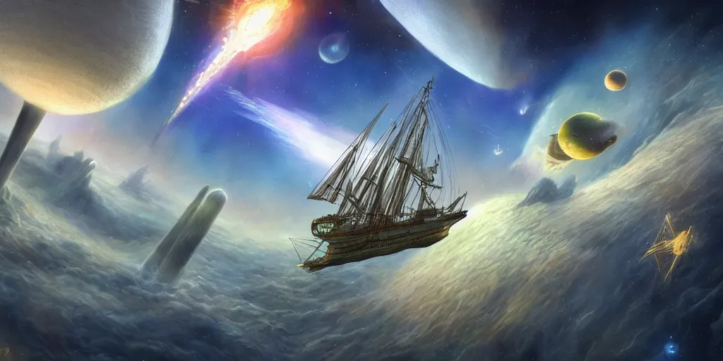 Image similar to Photorealistic epic science fiction painting of one solitary flying tall ship in space, flying past galaxies, by Rodney Matthews and Roger Dean. photorealism, UHD, amazing depth, glowing, golden ratio, 3D octane cycle unreal engine 5, volumetric lighting, cinematic lighting, cgstation artstation concept art