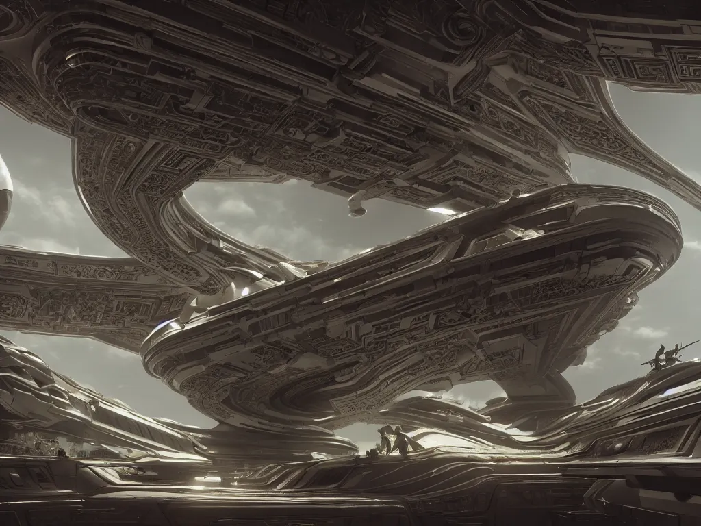 Prompt: an elaborate ornate spaceship, cinematic, shadows, partly cloudy day, 4 k, detailed, by zaha hadid and peter jackson and ridley scott and beeple and greg rutowski