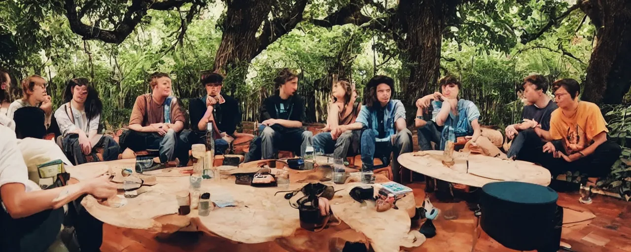 Prompt: a group of gen z friends sitting around talking about climate change while drinking old fashions, in the style of a lofi chillstep video