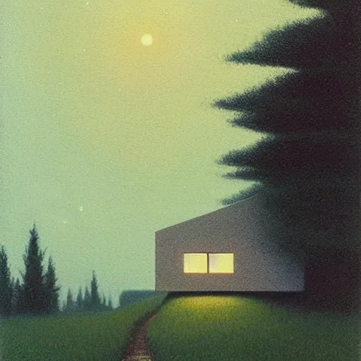 Image similar to painting by by Quint Buchholz, atmospheric cozy futuristic organic white concrete house in the middle of a lush and dense forest at night, a beautiful lake next to it, night time, night sky, starry night sky, by Quint Buchholz