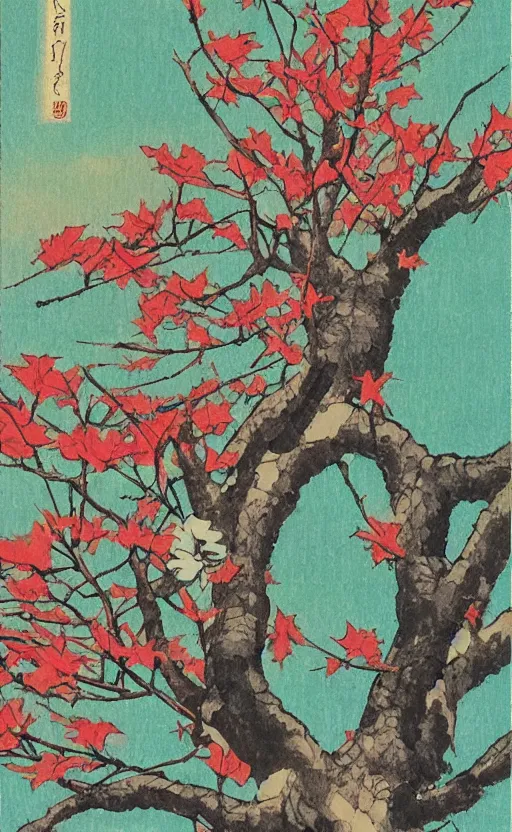 Image similar to by akio watanabe, manga art, portrait of red phoenix, paulownia tree, summer festival, trading card front, sun in the background