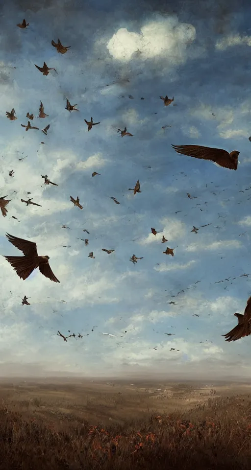 Image similar to birds in the sky, from the game pathologic 2, highly detailed, sharp focus, matte painting, by isaac levitan and asher brown durand,