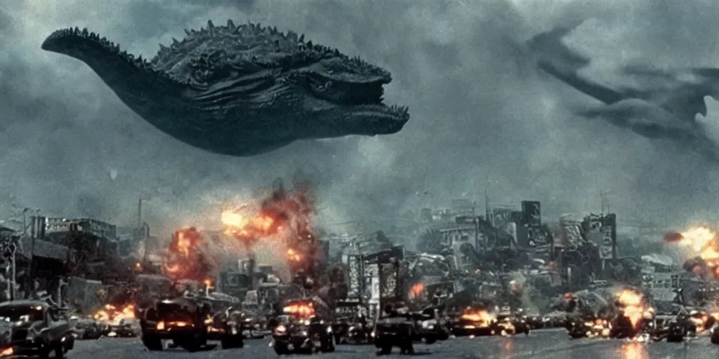 Prompt: photo of godzilla blue whale octopus monster destroying a city in a block buster hollywood movie