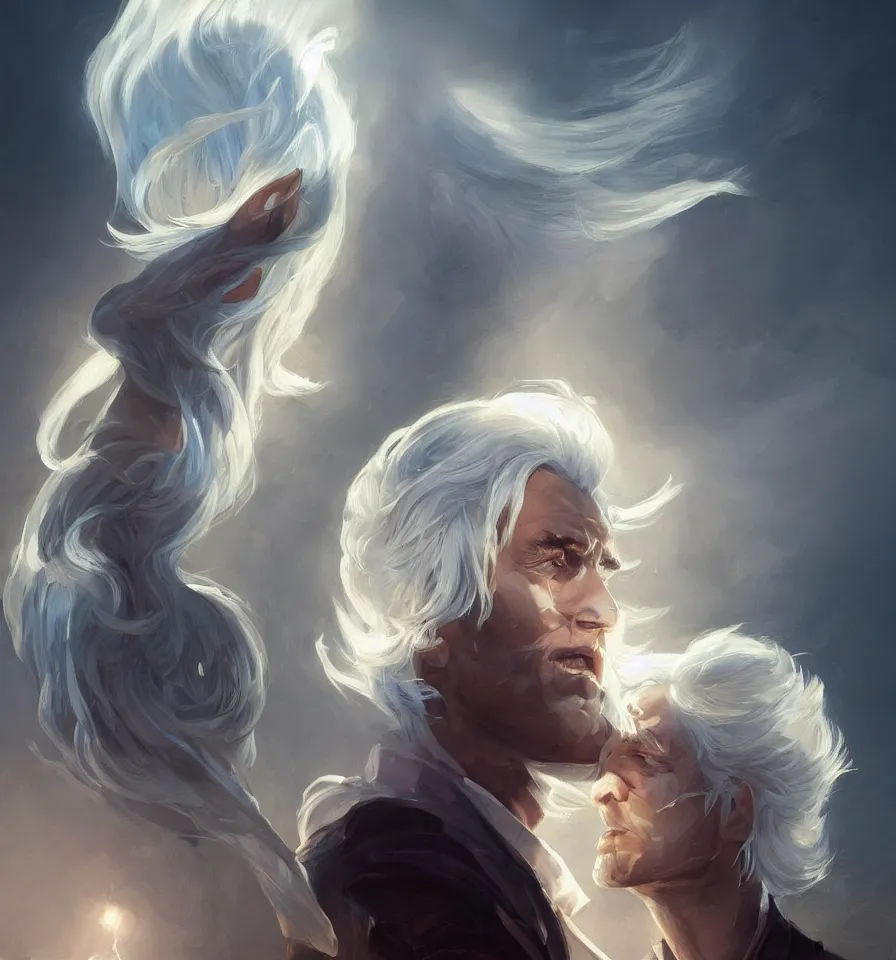 Image similar to a portrait of a beautiful, handsome prince with white hair, elegant, backlit, incredible lighting, strong rim light, highly detailed, god rays, digital painting, HDRI, by Alvaro Castagnet, Peter Mohrbacher and Dan Mumford, vivid colors, high contrast, 8k resolution, intricate, photorealistic, smooth