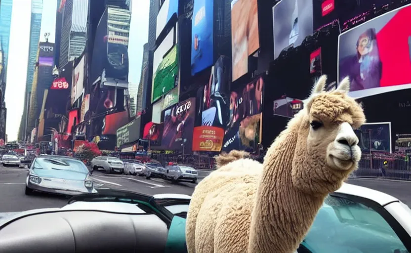 Image similar to a old photo of alpaca sitting in a car, looking out of the window and his hair is flying in the wind, riding through times square 8 k