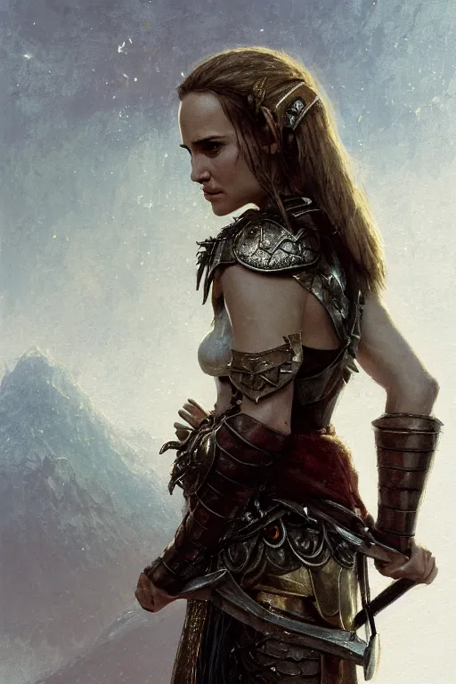 Image similar to natalie portman, legendary warrior, heroic, lord of the rings, tattoos, decorative ornaments, battle armor, by carl spitzweg, ismail inceoglu, vdragan bibin, hans thoma, greg rutkowski, alexandros pyromallis, perfect face, fine details, realistic shading photorealism