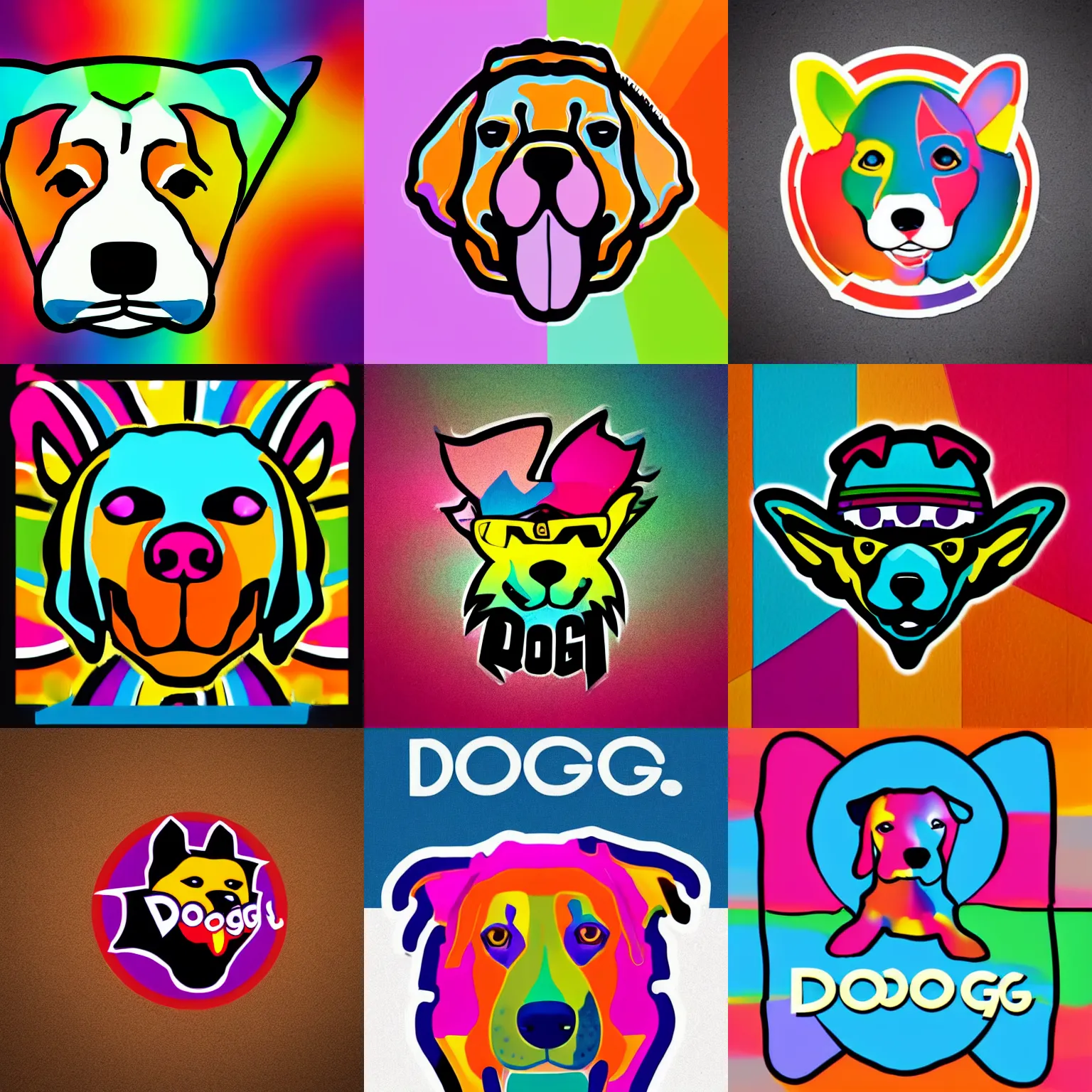 Prompt: fun and colorful logo for doggo dudes!!!!