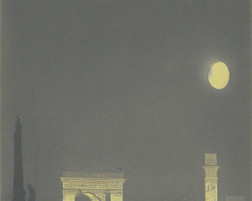 Prompt: achingly beautiful print of the Arc de Triomphe bathed in moonlight by Hasui Kawase and Lyonel Feininger.