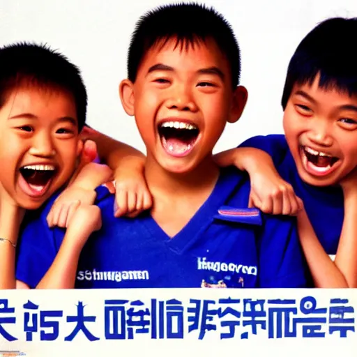 Image similar to a 1 9 9 0 s singaporean public education poster with students laughing at the camera