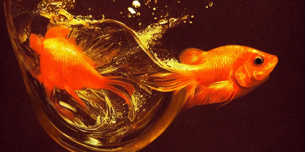 Prompt: a goldfish swimming inside a whiskey glass, close up view, dramatic lighting, DOF, caustics, soft, sharp focus, art nouveau, cinematic, intricate concept artwork by Greg Rutkowski