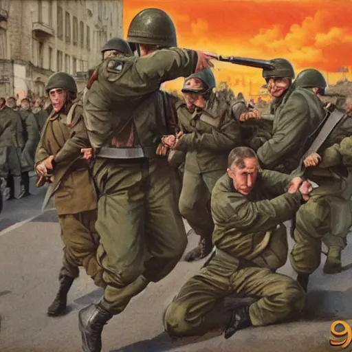 Image similar to fighting on the streets, paris, soviet soldiers against nato soldiers, world war 3, military equipment, image in photorealistic art style, a very high - quality picture taken on camera from the 9 0 s