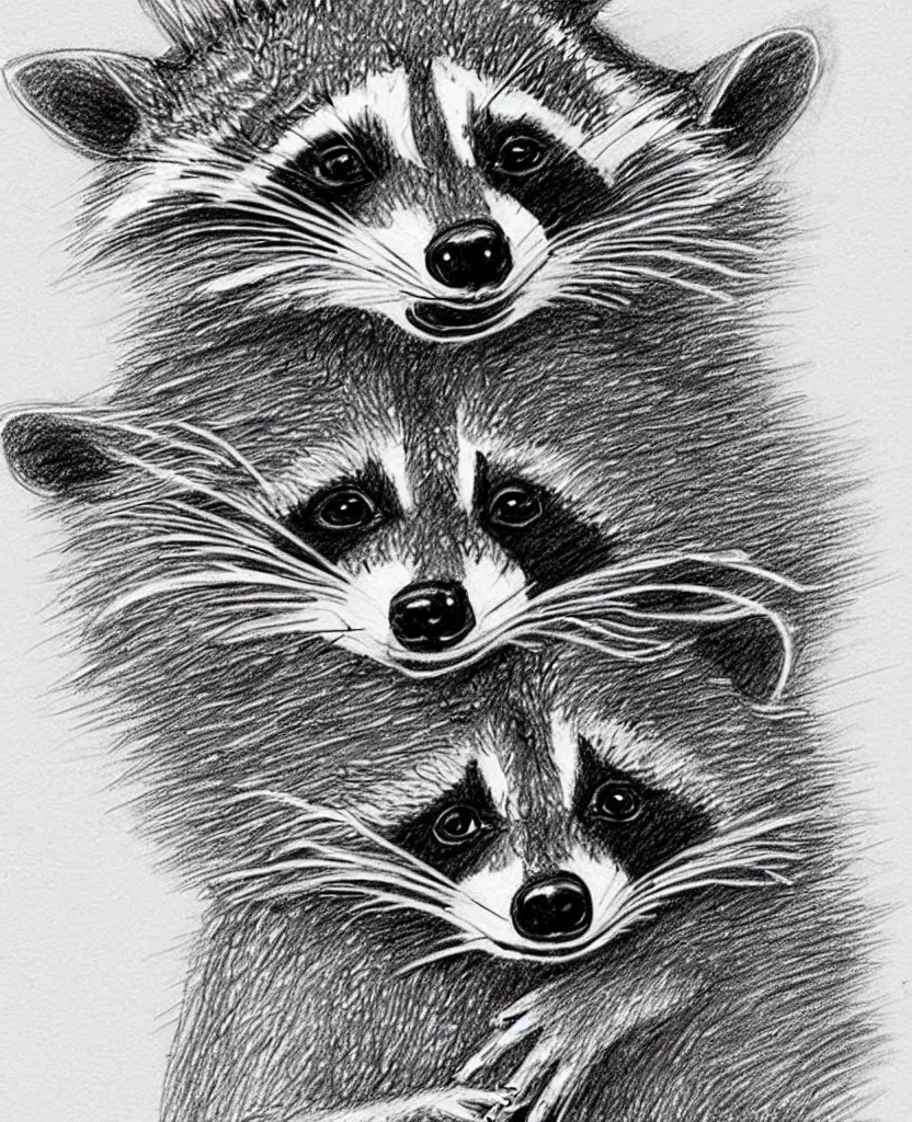 Image similar to detailed pencil sketch of a raccoon holding up and looking at a starfish, children's book