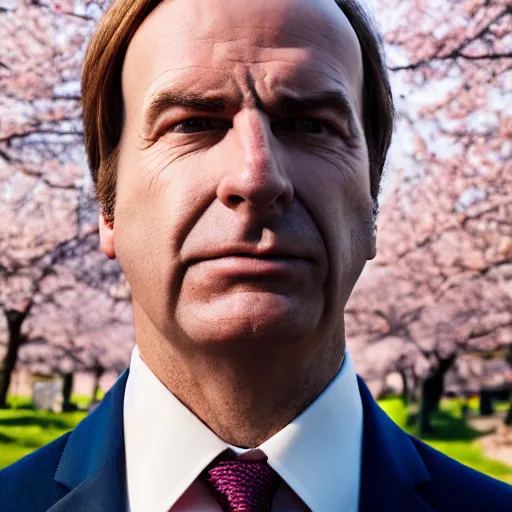 Image similar to saul goodman portrait picture by stefan kostic, golden hour, perfect symmetry, realistic, body shot, sharp focus, 8 k high definition, insanely detailed, intricate, elegant, cherry blossoms