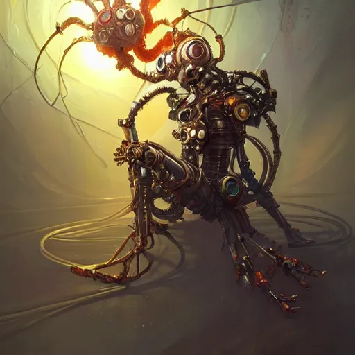 Prompt: biomechanical spider king, cyberpunk, bionics, augments, lights, cables, elegant gleaming intricate baroque jewellery, colorful, vivid, imposing, epic, digital painting, artstation, concept art, by peter mohrbacher and wlop and rhads,