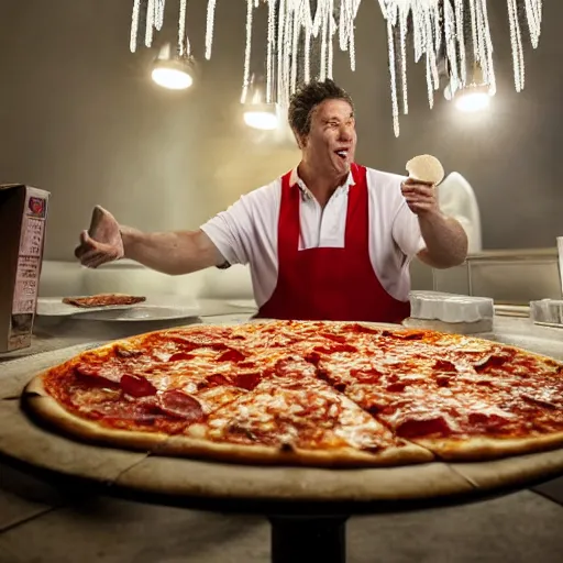 Prompt: Papa John eating 50 pizzas a day, sweating out loads of pizza grease and disgusting oily greasy pizza grease sweaty Papa John, cheesy pizza everywhere all everything even the chandelier, cheese and sauce everywhere, high quality photograph, well lit, detailed, hyperrealistic, hdr 4k, 8k, DSLR, 55mm