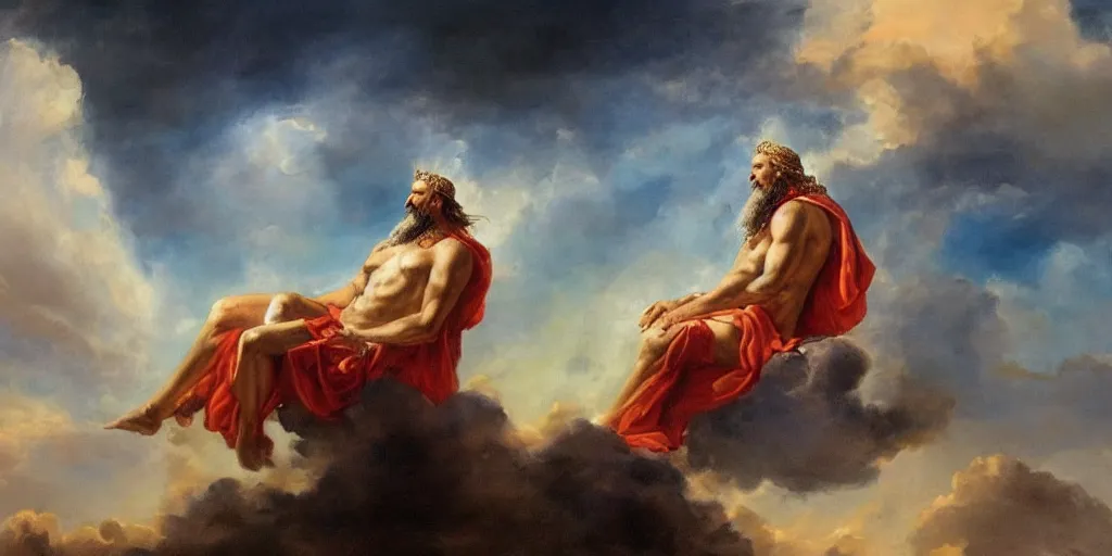 Image similar to a beautiful painting of zeus on his throne by the clouds.