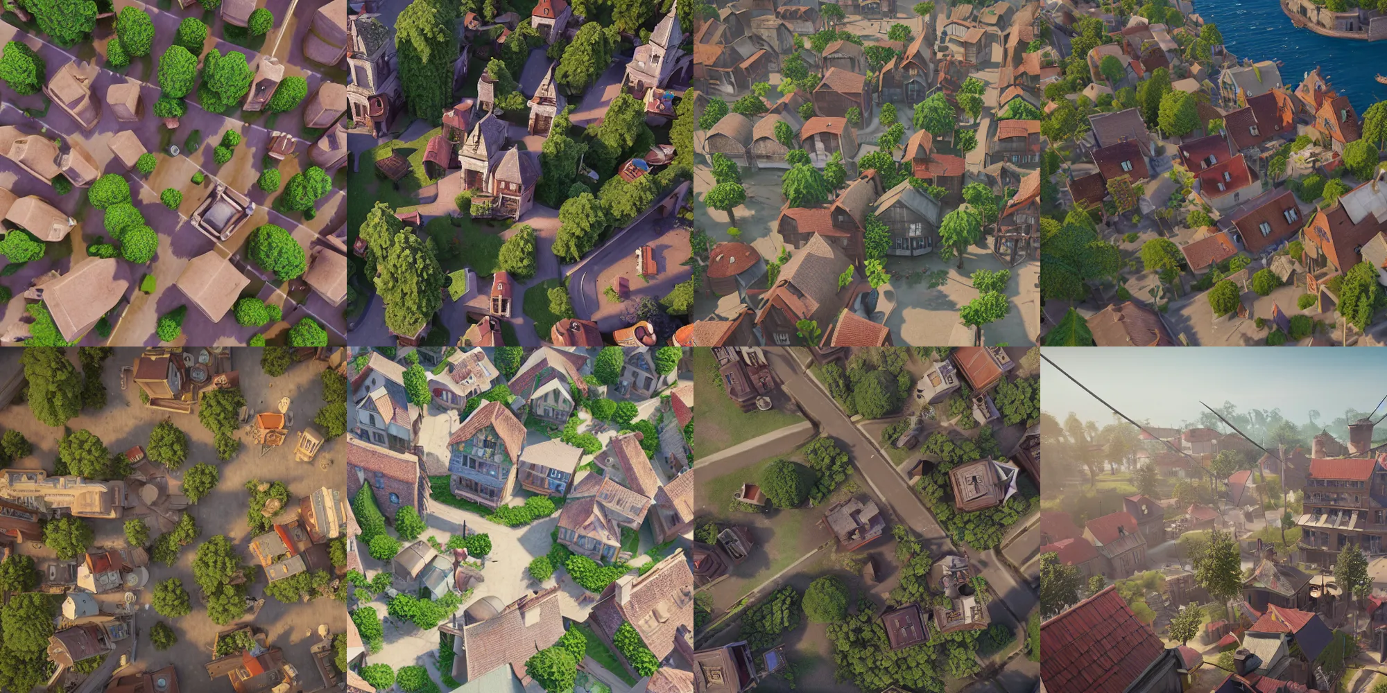 Prompt: birds eye overhead perspective, 1800s french town in the style of Sea of Thieves, small figurines octane render, unreal engine