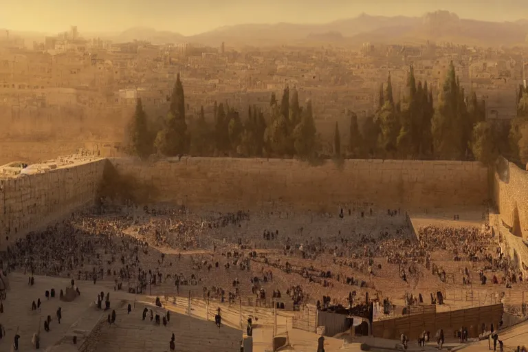 Prompt: the western wall, matte painting, long shot, concept art, wide shot, digital art, trending on artstation, 4 k, extremely detailed, realistic, midday, warm colors, golden sunlight, by greg rutkowski, cinematic, epic