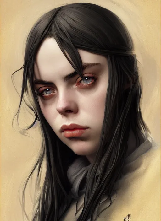 Image similar to Overlord Billie Eilish, slight smile, highly detailed, digital painting, artstation, concept art, sharp focus, illustration, art by wlop and J. C. Leyendecker and Edmund Bliar Leighton and Charlie Bowater