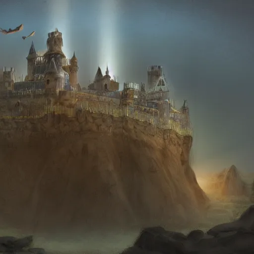 Prompt: The royal castle of a sacred family hidden at the bottom of a large sand cavern. A ray of light shines on the castle from above. Concept art, trending on artstation, matte painting
