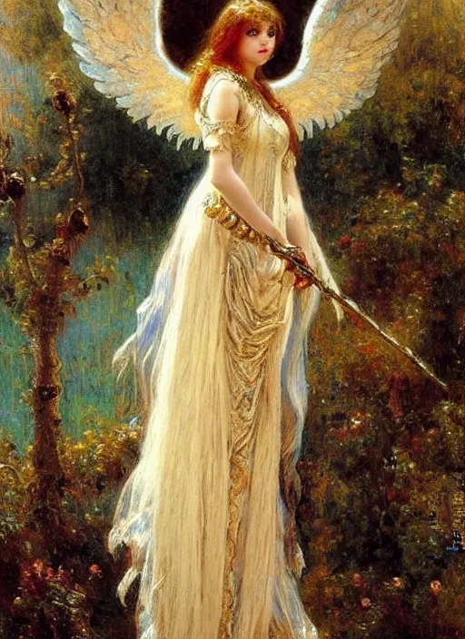 Image similar to vertical prtrait of an angel knight gothic girl, baroque dress. by gaston bussiere