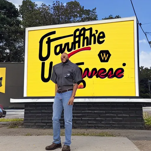 Image similar to wafflehouse employee's standing below wafflehouse sign