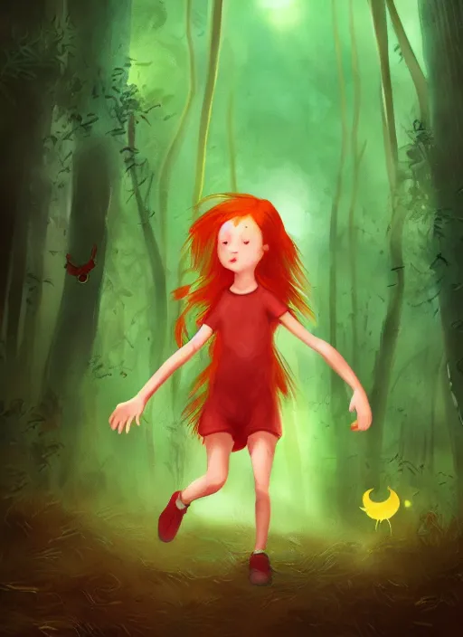 Image similar to Ginger girl running through a dark forest full of tall trees and fireflies . A monster is chasing her with glowing eyes. Artstation, award winning, mysterious.