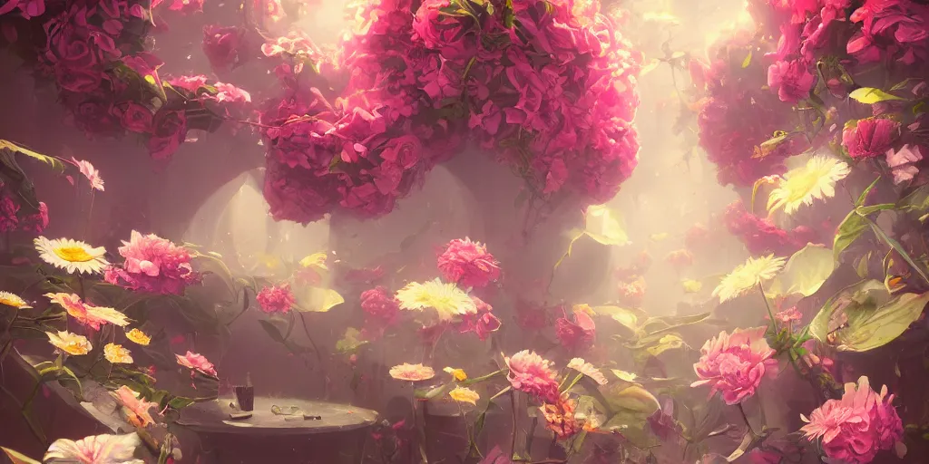 Image similar to retro painting of surreal waiim flowers, by ross tran, highly detailed, hyperrealism, excellent composition, cinematic concept art, dramatic lighting, trending on artstation