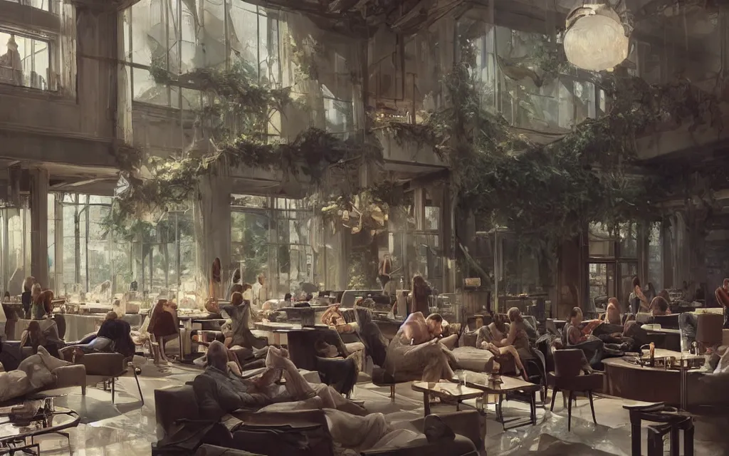 Prompt: epic masterpiece of cinematographic hyperrealism where a lot of people communicating with each other in a large lounge. realistic shaded lighting poster by craig mallismo, artgerm, jeremy lipkin and michael garmash, unreal engine, radiant light, detailed and intricate environment, digital art, art station trends