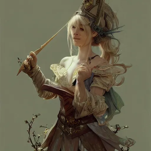 Prompt: elf fairy, bard, lute, art supplies, cardigan, blonde, highly detailed, intricate, digital painting, artstation, sharp focus, illustration, art by jakub rozalski, greg rutkowski, artgerm, tan zi and ayanamikodon and alphonse mucha and wlop