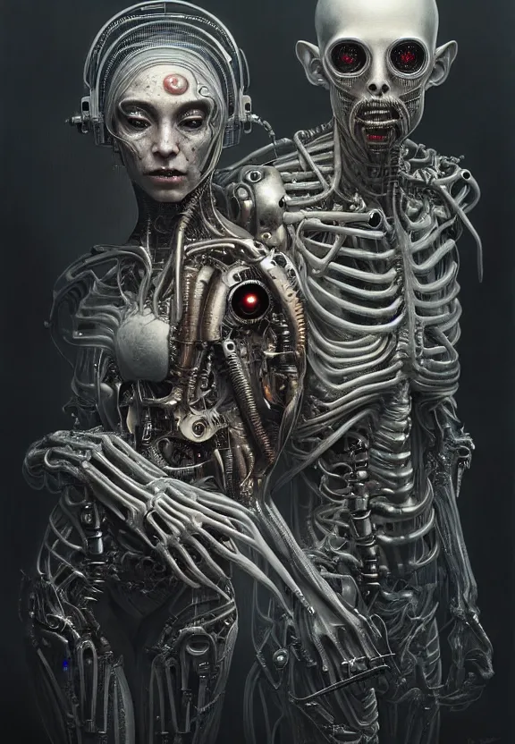 Prompt: ultra realist intricate detailed horror painting of an attractive alien female and a cyborg male, full body, curvy, cyborg tech, symmetry accurate features, very intricate details, horror, side lighting, focus, 8k render, artstyle Hiraku Tanaka and Tom Bagshaw, award winning