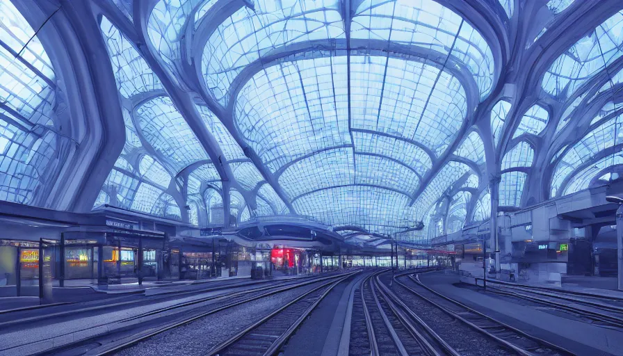 Prompt: futuristic liege, belgium with white dome train station with blue lights, volumetric light, hyperdetailed, artstation, cgsociety, 8 k