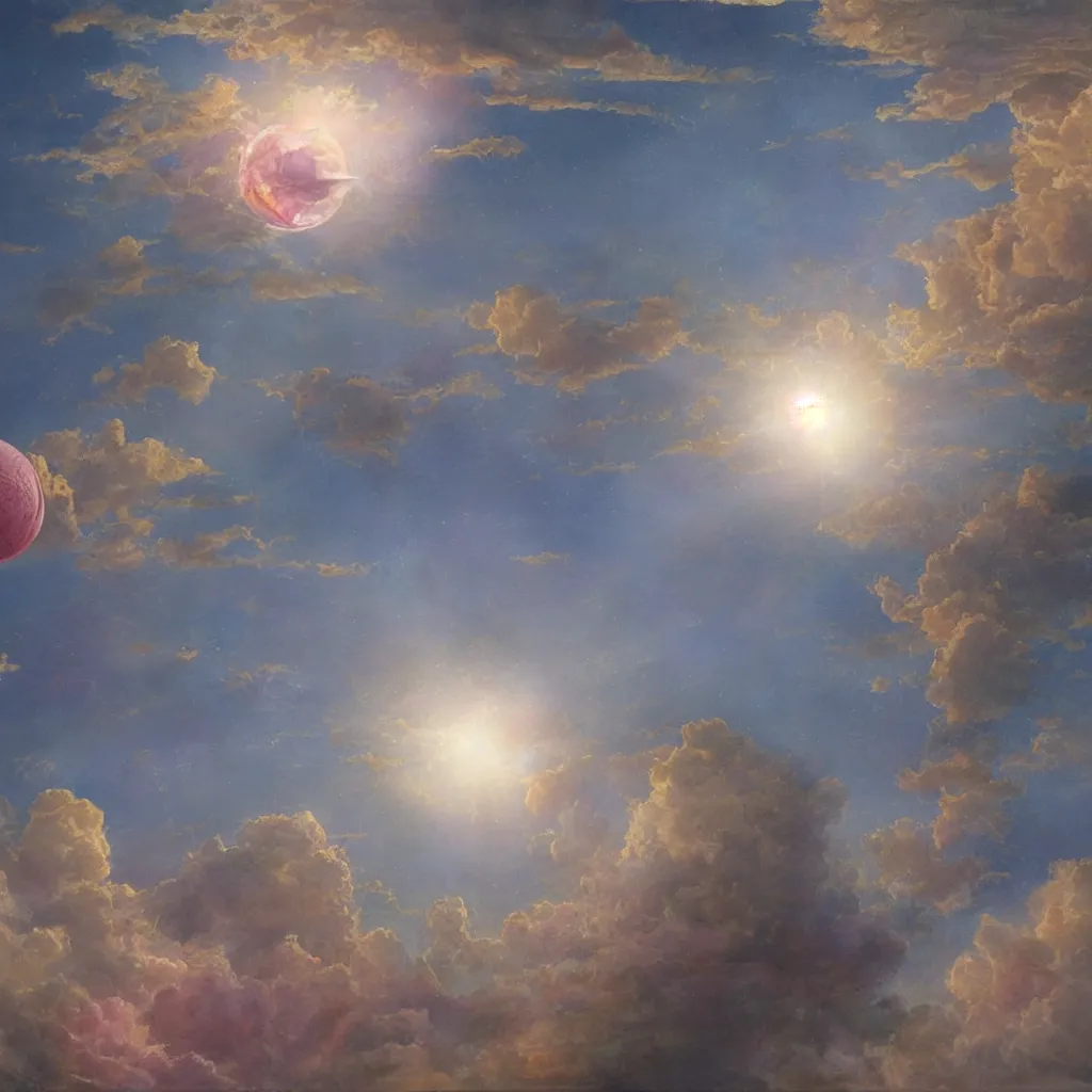Prompt: Big pink sphere high in the sky, very beautfiul matte painting by unknown author,