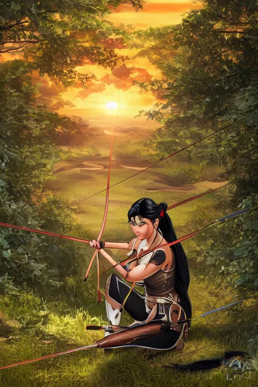 Image similar to female archer with leafy black hair crouching on sunset forest. high detail