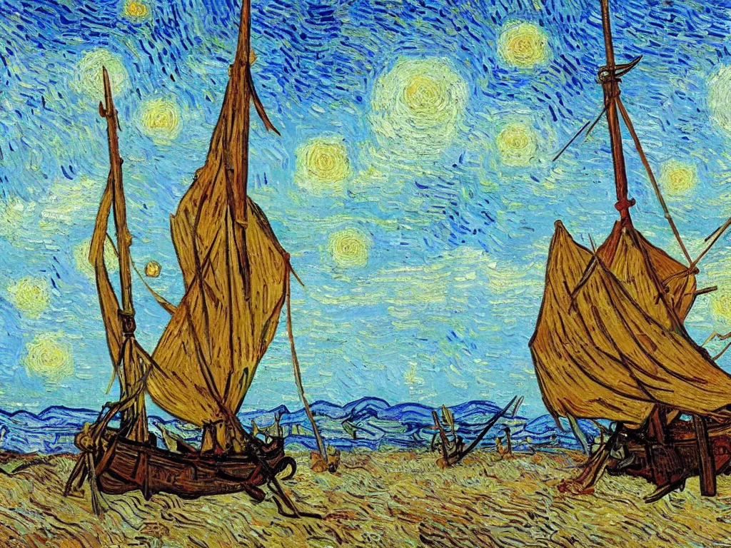Prompt: bright beautiful oil painting of a viking longship beached on a tropical desert island, light scatter, van gogh