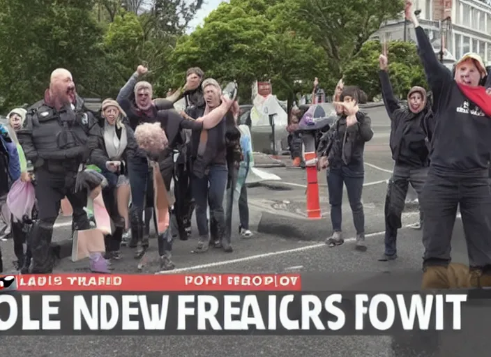 Image similar to A group of New Zealand Freedom protesters being outraged about potholes. News footage