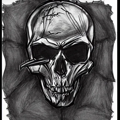 Image similar to black pen sketch of a superman zombie skull, the desert is in color pencil, elephant skull, pencil, intermediate art, paper art, pencil, bold lines, humans with apocalypse clothes on in the background, by a oil painter