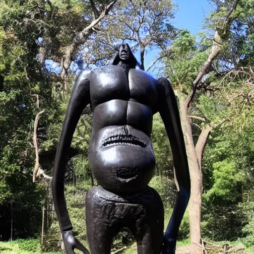 Image similar to giant sculpture of eldrich alien god, made of black stone, worshipped by crowd of neanderthals