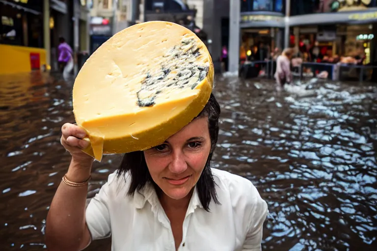 Image similar to closeup portrait of a woman carrying a wheel of cheese over her head in a flood in Rundle Mall in Adelaide in South Australia, photograph, natural light, sharp, detailed face, magazine, press, photo, Steve McCurry, David Lazar, Canon, Nikon, focus