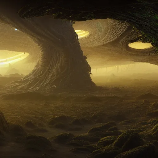 Image similar to a beautiful matte painting of an alien landscape of lush and mystical flora, remnants of a crashed spaceship, alien creatures emerging, sunrise, by Giger and Ralph McQuarrie and Bruce Pennington, cinematic lighting, ambient light, hyperrealism, hires, octane render, 8k, iridescent accents, vray