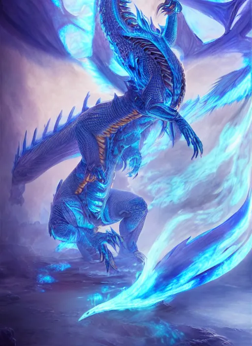 Image similar to muscular and tall blue ghostly fire humanoid dragon!!!! draconian!! intricate ornate iridescent exoesqueleton!! character concept art, sharp focus, octane render! unreal engine 5! highly rendered!! trending on artstation!! detailed linework!! illustration by artgerm, wlop, and chie yoshii