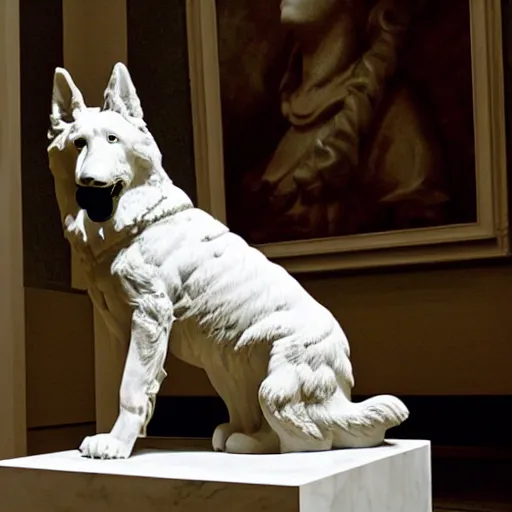 Image similar to statue of a short hair german shepherd dog, white marble, in a museum, by Gian Lorenzo Bernini