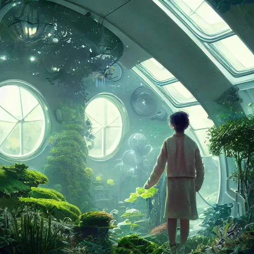 Prompt: , boy with grandma in scifi green house, spaceship, plants, stephen bliss, misty, unreal engine, fantasy art by greg rutkowski, loish, ferdinand knab, and lois van rossdraws, global illumination, radiant light, minimalist, detailed and intricate environment