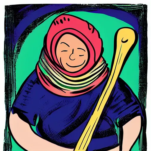 Prompt: a babushka playing drums, the drums look like bowls of oatmeal, digital art